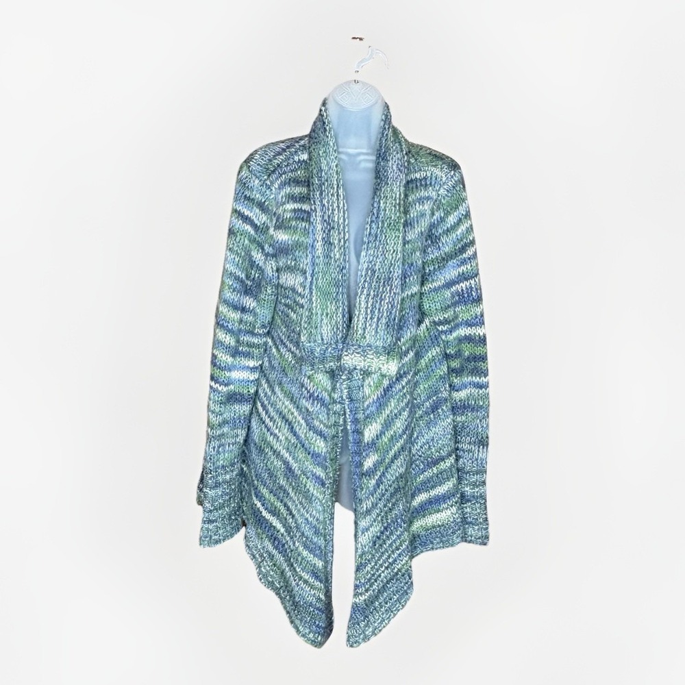 Olivia Sky Cardigan Women L‎ Blue Green Boho Open Front Cozy Cottagecore Chunky - Picture 2 of 13